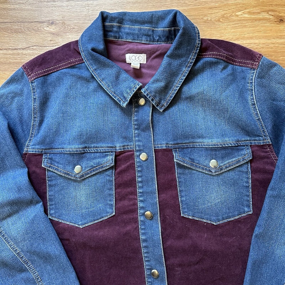 LOGO Lori Goldstein Denim Corduroy Jacket Womens 2X Cowboy Fringe Color Block - Picture 2 of 15